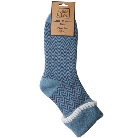 Jess And Lou Blue Cuff Herringbone Cosy Super Soft Wool Blend Socks