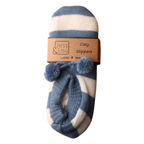 Jess And Lou Cornflower Blue White Stripe Cozy Slippers - Stylish And Comfortable Footwear For Year-Round Relaxation