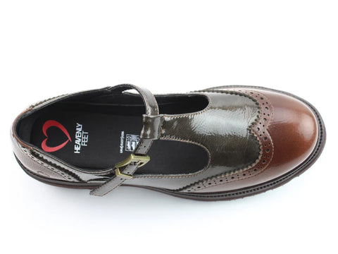 Heavenly Feet Ceadle Chocolate RO/Patent T Bar Brogue Womens Shoes