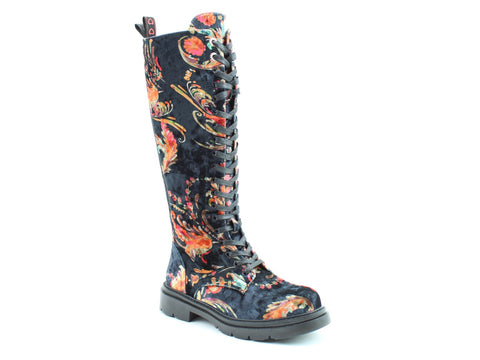 Heavenly Feet Avalon Print Black Velour Multi Womens Lace Up Zip Up Mid Calf Boots