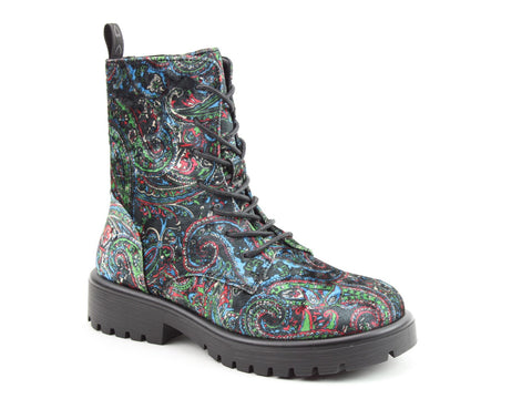 Heavenly Feet Katrina Black Velour Paisley Womens Lace Up Zip Up Ankle Boots