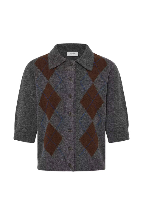 B.Young 20819492 Byofira Cardigan Grey Melange Argyle - front