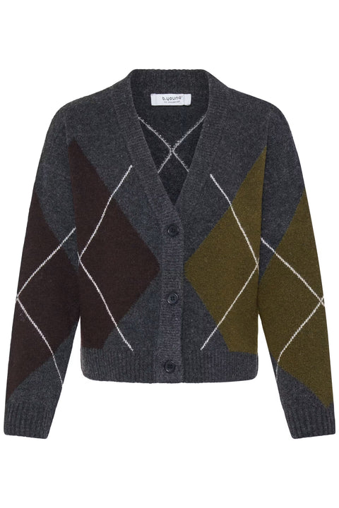 B.Young 20819496 Byosmilla Cardigan Dark Grey Melange Argyle - front