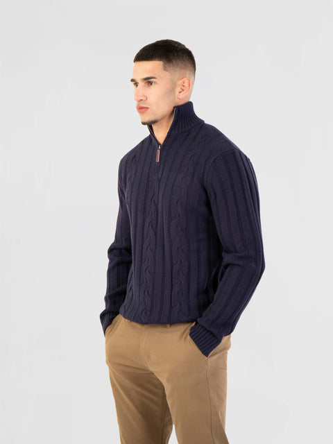 Mish Mash Cable Knit Navy Mens 3/4 Zip Jumper