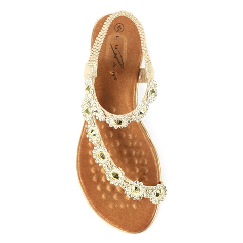 Lunar JLH455 Charlotte II Gold Women's Beaded Corsage Elasticated Heel Strap Sandals
