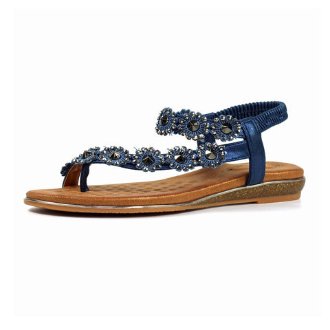 Lunar JLH455 Charlotte II Navy Women's Beaded Corsage Elasticated Heel Strap Sandals