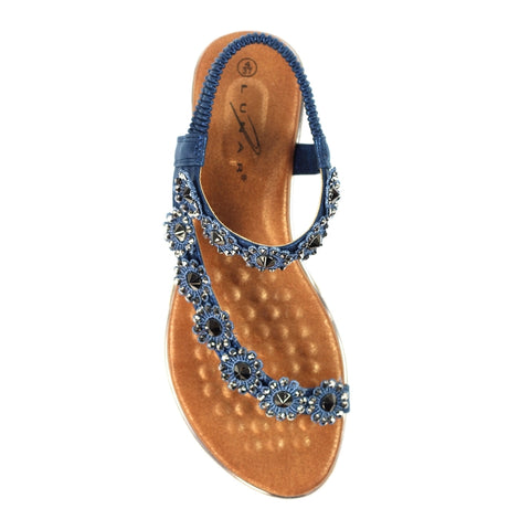 Lunar JLH455 Charlotte II Navy Women's Beaded Corsage Elasticated Heel Strap Sandals