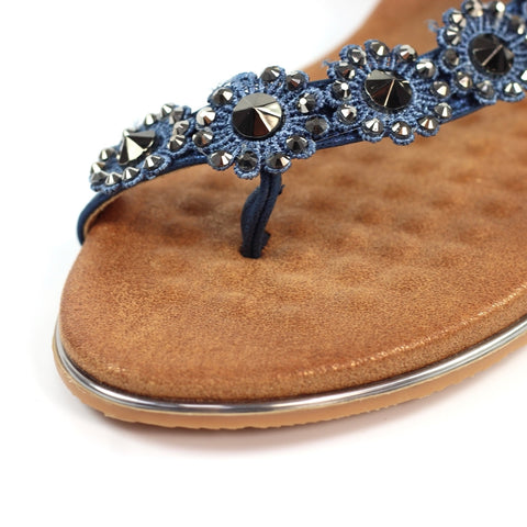 Lunar JLH455 Charlotte II Navy Women's Beaded Corsage Elasticated Heel Strap Sandals