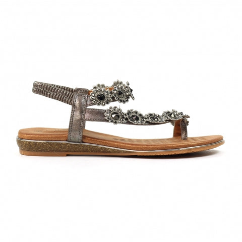 Lunar JLH455 Charlotte II Pewter Women's Beaded Corsage Elasticated Heel Strap Sandals