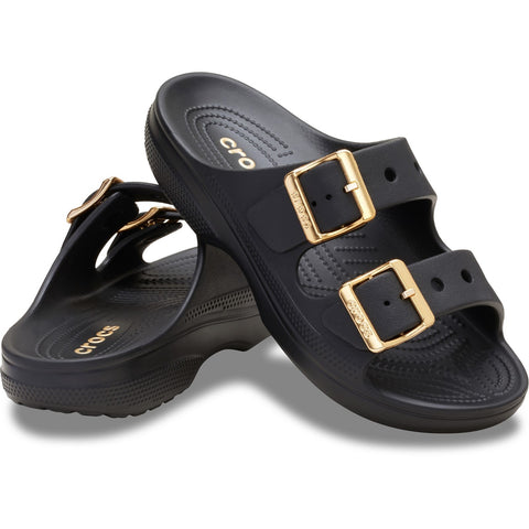 Crocs Saturday Metallic Sandal Black Womens Lightweight Soft Flexible Easy to Wear Sandals