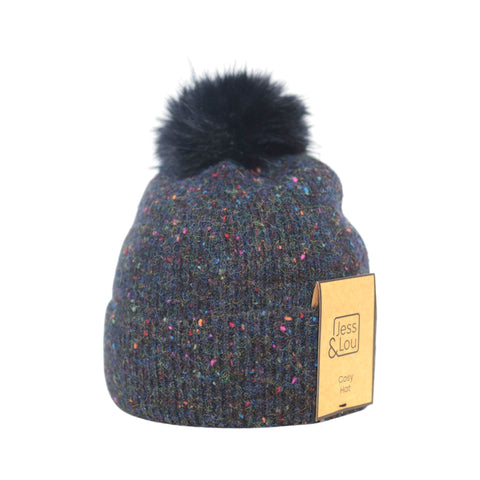 Jess and Lou Black Speckle Rib Bobble Hat