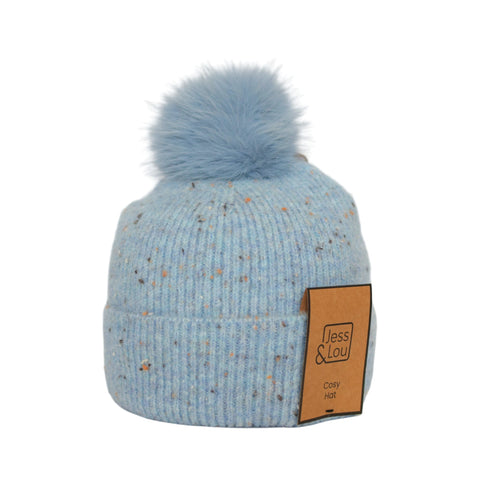 Jess and Lou Sky Blue Speckle Rib Bobble Hat