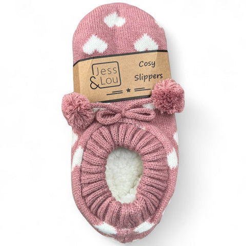 Jess and Lou Pink & White Heart Cosy Slippers