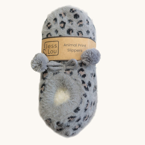 Jess and Lou Grey Leopard Fluffy Slipper