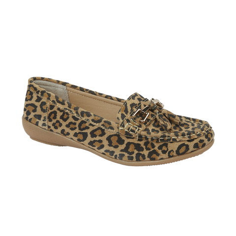 Jo & Jo Nautical Leopard Women's Slip On Leather Loafers Moccasins Casual Shoes