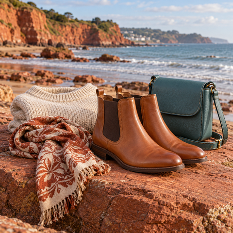 Tan ankle boots, knitwear, a patterned scarf and a teal bag arranged on red sandstone beside a South Devon beach.