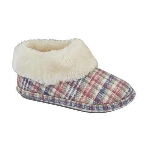 Jo & Joe Shamrock Pink Womens Fleecy Tartan Bootee Slipper with Fur Collar