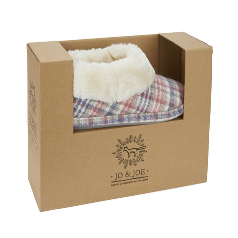 Jo & Joe Shamrock Pink Womens Fleecy Tartan Bootee Slipper with Fur Collar