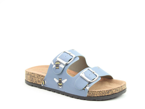 Heavenly Feet Harmony Bee Denim Womens Casual Comfort Slip On Slider Twin Buckle Fastening Sandals