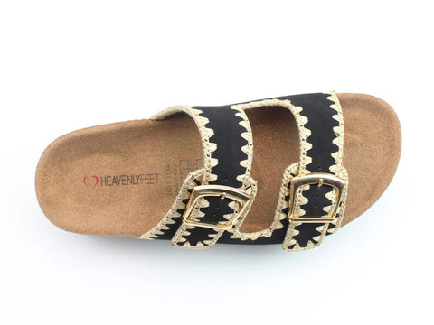 Heavenly Feet Sandy Black Womens Casual Comfort Slip On Slider Twin Buckle Fastening Sandals