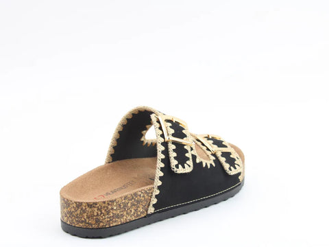 Heavenly Feet Sandy Black Womens Casual Comfort Slip On Slider Twin Buckle Fastening Sandals