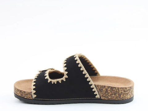 Heavenly Feet Sandy Black Womens Casual Comfort Slip On Slider Twin Buckle Fastening Sandals
