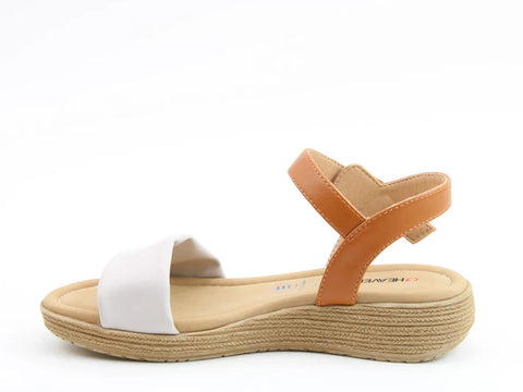 Heavenly Feet Sara Stone/Tan Womens Low Wedge Sandals