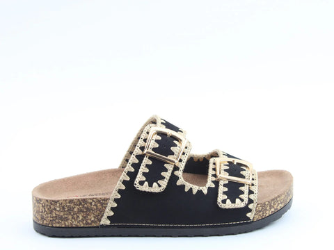 Heavenly Feet Sandy Black Womens Casual Comfort Slip On Slider Twin Buckle Fastening Sandals