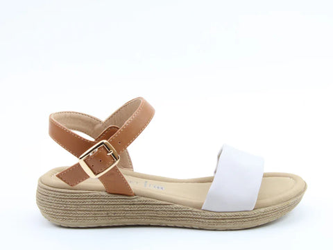 Heavenly Feet Sara Stone/Tan Womens Low Wedge Sandals