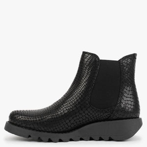 Fly London Salv Black Croco Womens Casual Leather Ankle Boots