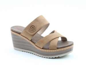 Heavenly Feet Sawyer Tan Womens Casual Comfort Slip On Mule Wedge Sandals