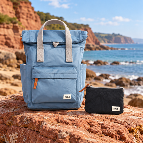 Womens Accessories selection displayed on red sandstone beside the South Devon coast