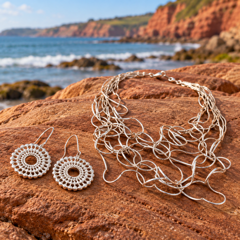 Jewellery products on red sandstone beside the South Devon coast