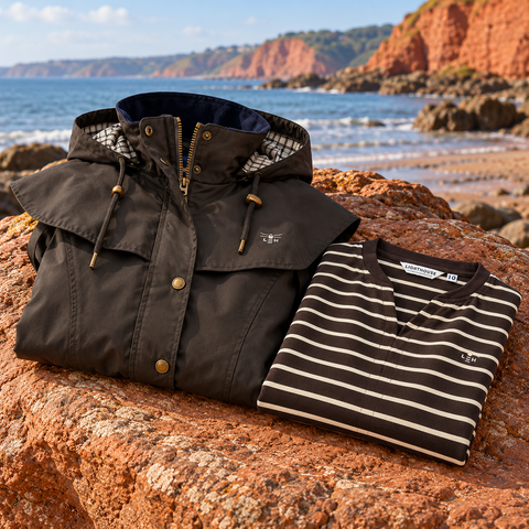 Lighthouse brown coat and striped top arranged on red sandstone by a South Devon beach