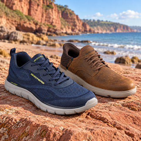 Men's Footwear selection displayed on red sandstone beside the South Devon coast