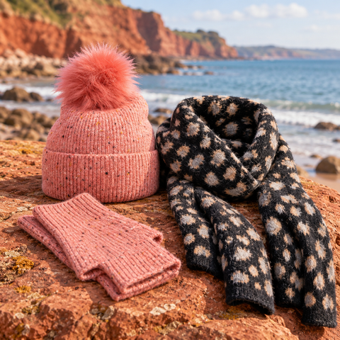 New In Accessories & Gifts products arranged on red sandstone beside the South Devon coast