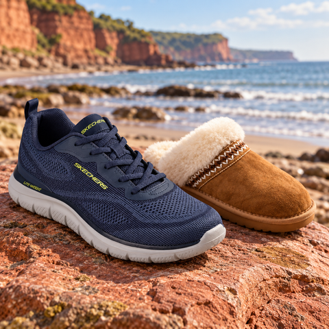 Navy trainer and chestnut slipper arranged on red sandstone beside the South Devon coast