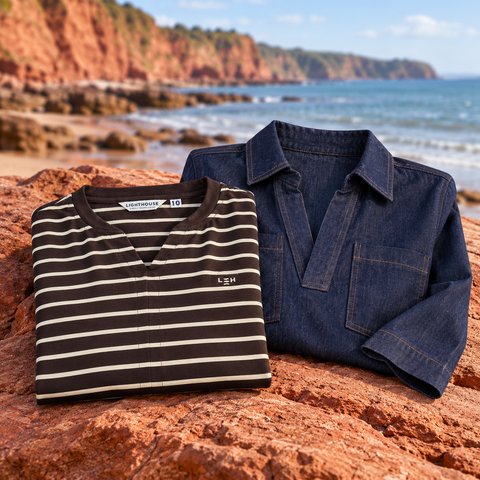 Tops selection displayed on red sandstone beside the South Devon coast