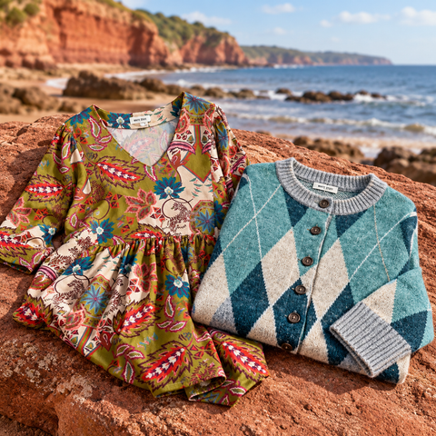 White Stuff green patterned dress and blue cardigan on red sandstone beside the South Devon coast