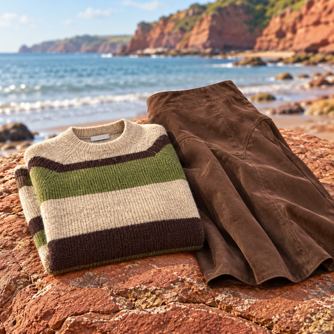 Women's Clothing selection displayed on red sandstone beside the South Devon coast