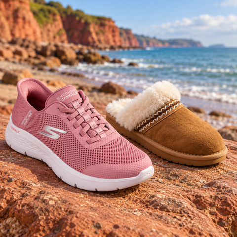 Women's Footwear selection displayed on red sandstone beside the South Devon coast