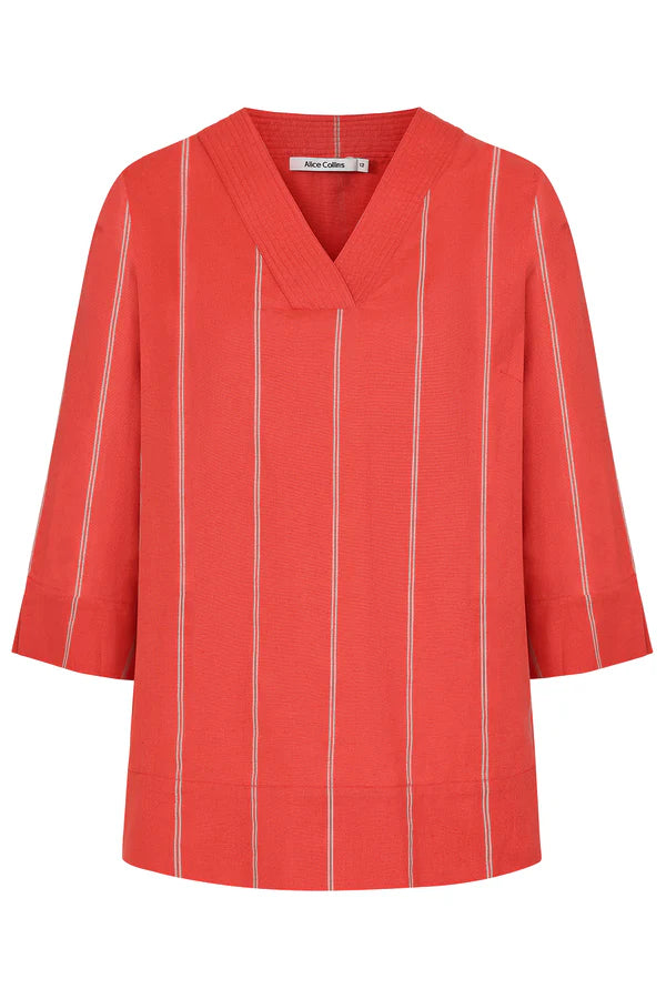 Alice Collins Rose Striped V-Neck Long Sleeve Tee Hibiscus/Feather
