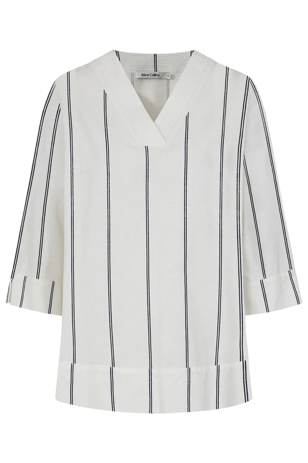 Alice Collins Rose Striped V-Neck Long Sleeve Tee White/Mid Blue