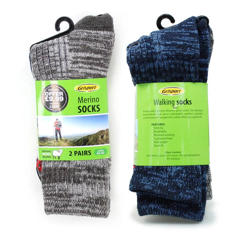 Grisport Mens Merino Wool Outdoor Socks Size 39-42 2 Pair Pack