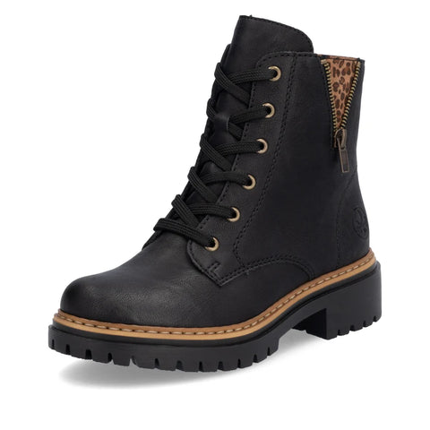 Rieker 72617-00 Black Womens Casual Comfort Lace Up Zip Up Leather Ankle Boots