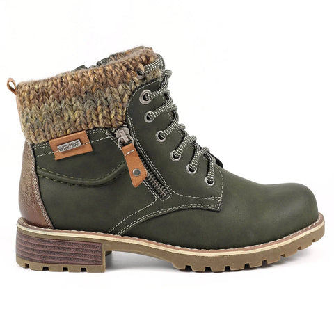 Lunar Millie Olive Womens Casual Comfort Waterproof Zip/Lace Up Ankle Boots