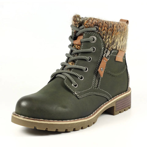 Lunar Millie Olive Womens Casual Comfort Waterproof Zip/Lace Up Ankle Boots