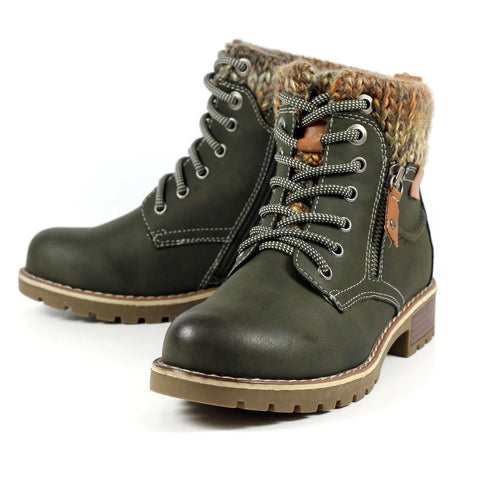 Lunar Millie Olive Womens Casual Comfort Waterproof Zip/Lace Up Ankle Boots