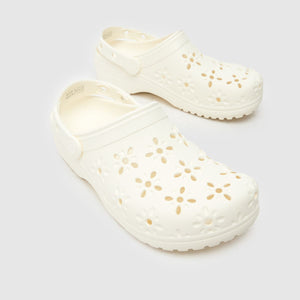 Crocs Classic Floral Cut Out Clog Chalk Kids Boys Girls Croslite Casual Comfy Lightweight Beach Slip On Shoes