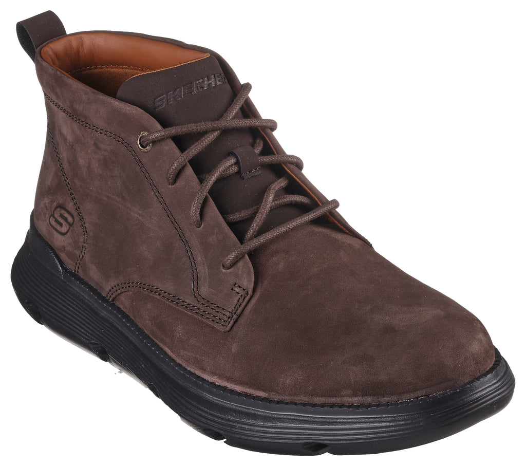 Skechers 204903/CHOC Chocolate Garza- Fortaine Mens Casual Comfort Leather Elastic Lace Ankle Boots